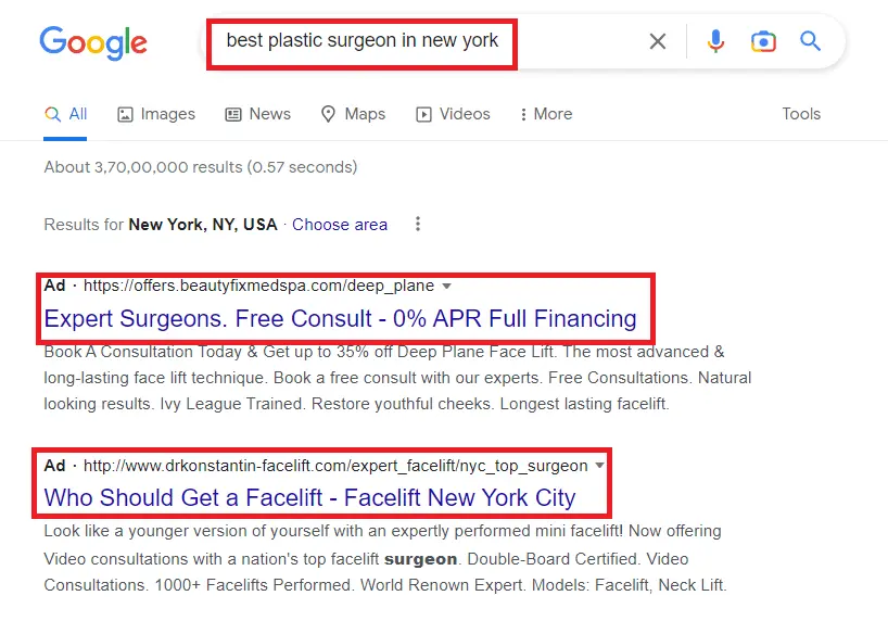 Google Search Ad for Doctor