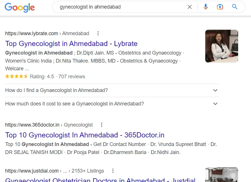 Google Search for "gynecologist in ahmedabad"